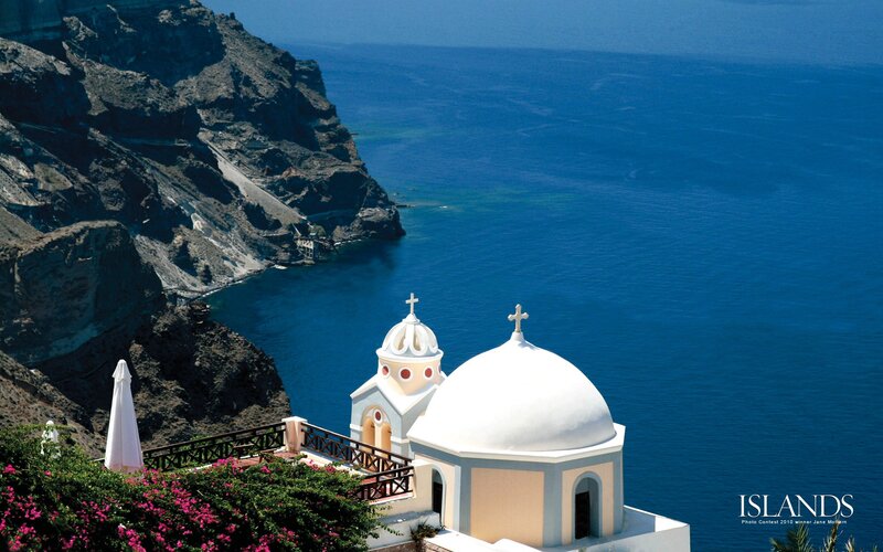 White Church on Cliff — Blue, Serene, Afternoon, Photograph, Sea