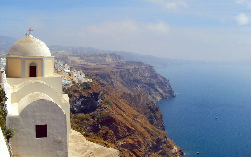 White Church on Cliff — Blue, Serene, Afternoon, Photograph, Sea, Village