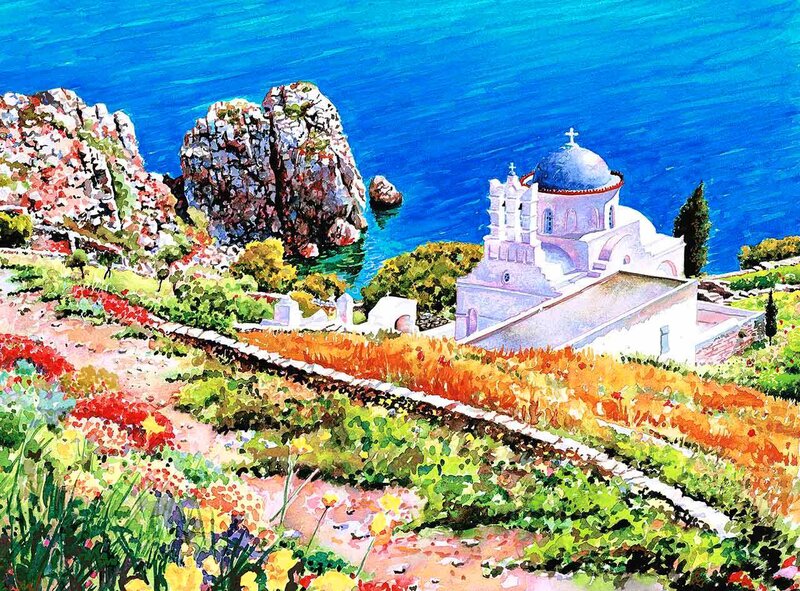 White Church on Cliff — Blue, Serene, Afternoon