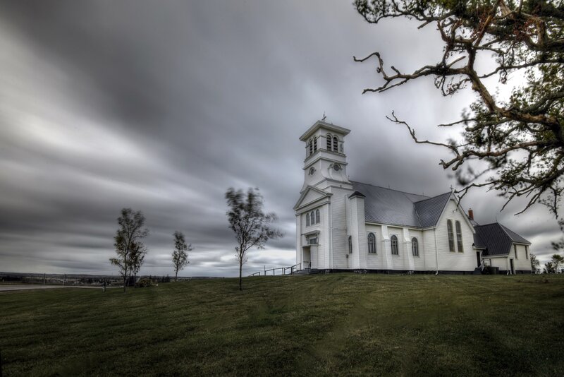 White Church on Hill — Gray