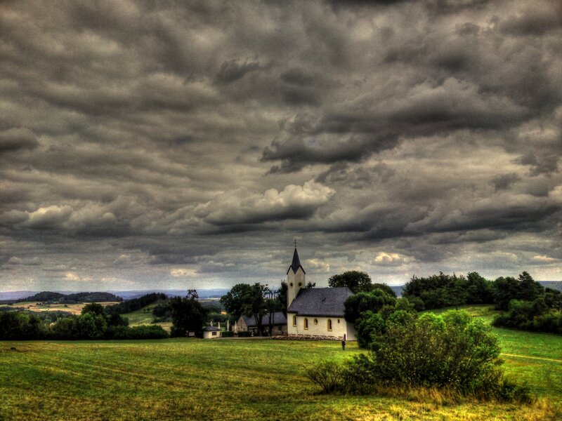 White Church on Hill — Green, Dramatic