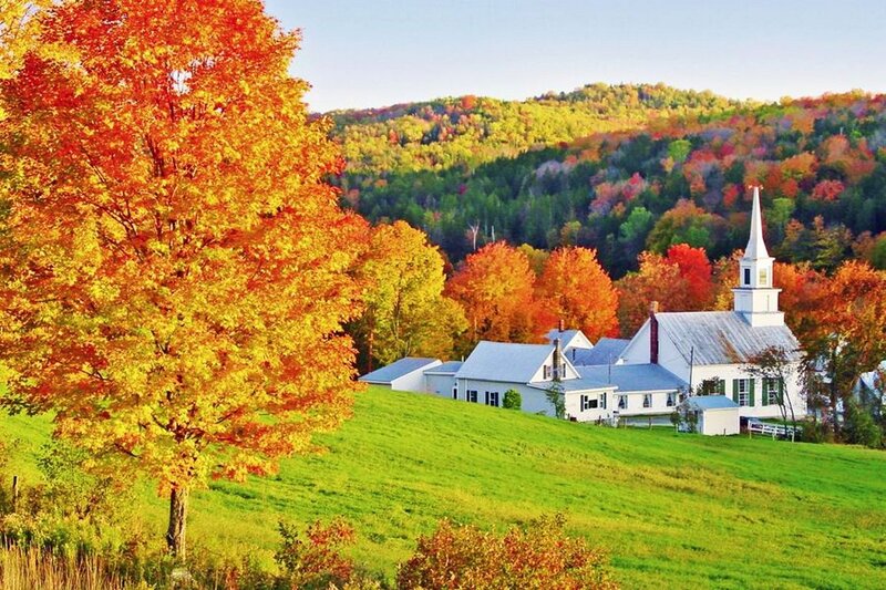 White Church on Hill — Green, Serene, Autumn, Photograph