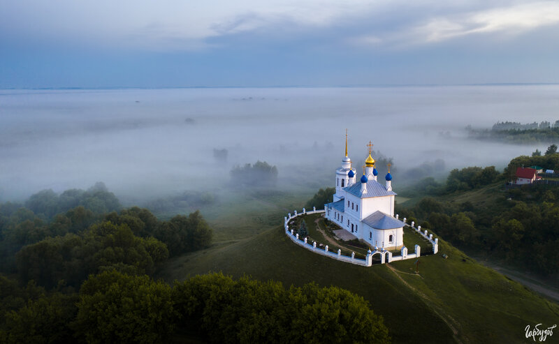 White Church on Hill — Green, Serene, Morning, Photograph