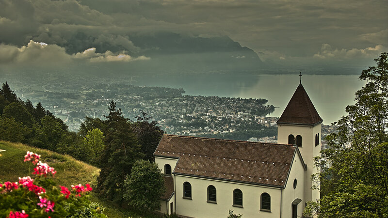 White Church on Hillside — Green, Dramatic