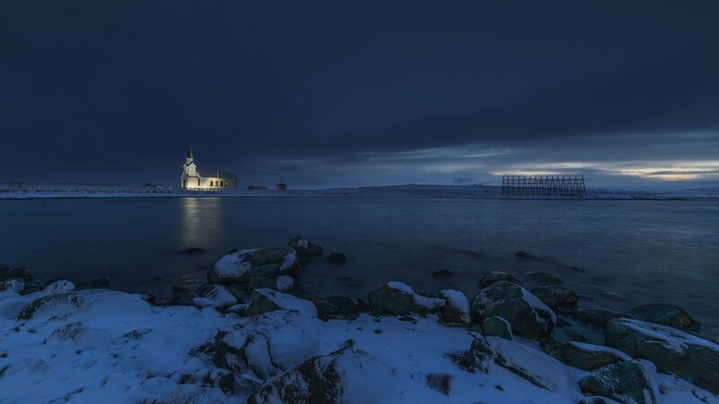 White Church on Shore — Blue