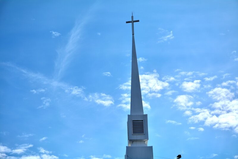 White Church Steeple — Blue