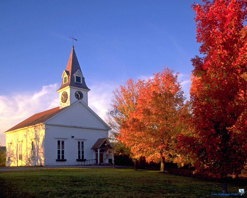 White Church with Autumn Trees — Blue