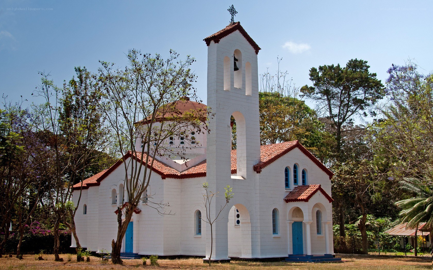 White church with bell tower
