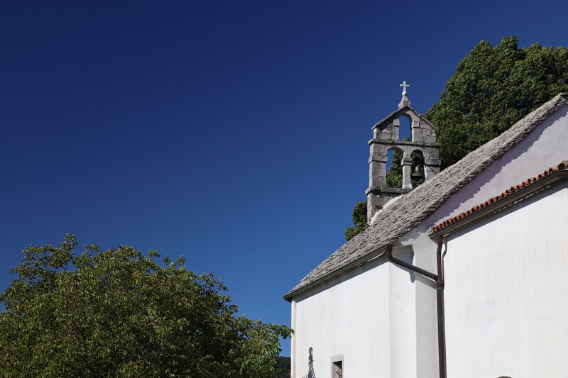 White Church with Bell Tower — Blue