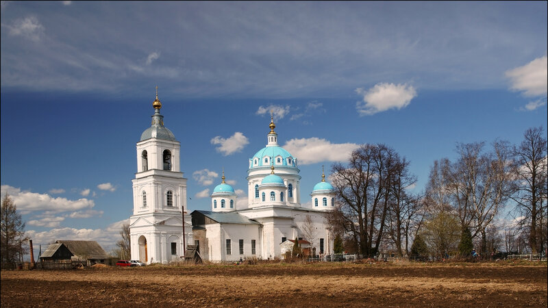 White Church with Blue Domes — Serene, Spring
