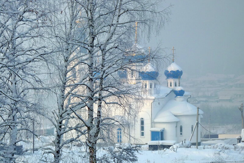White Church with Blue Domes — Serene, Winter