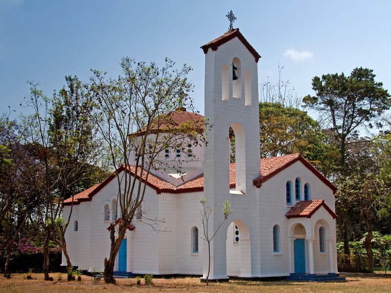 White church with blue doors