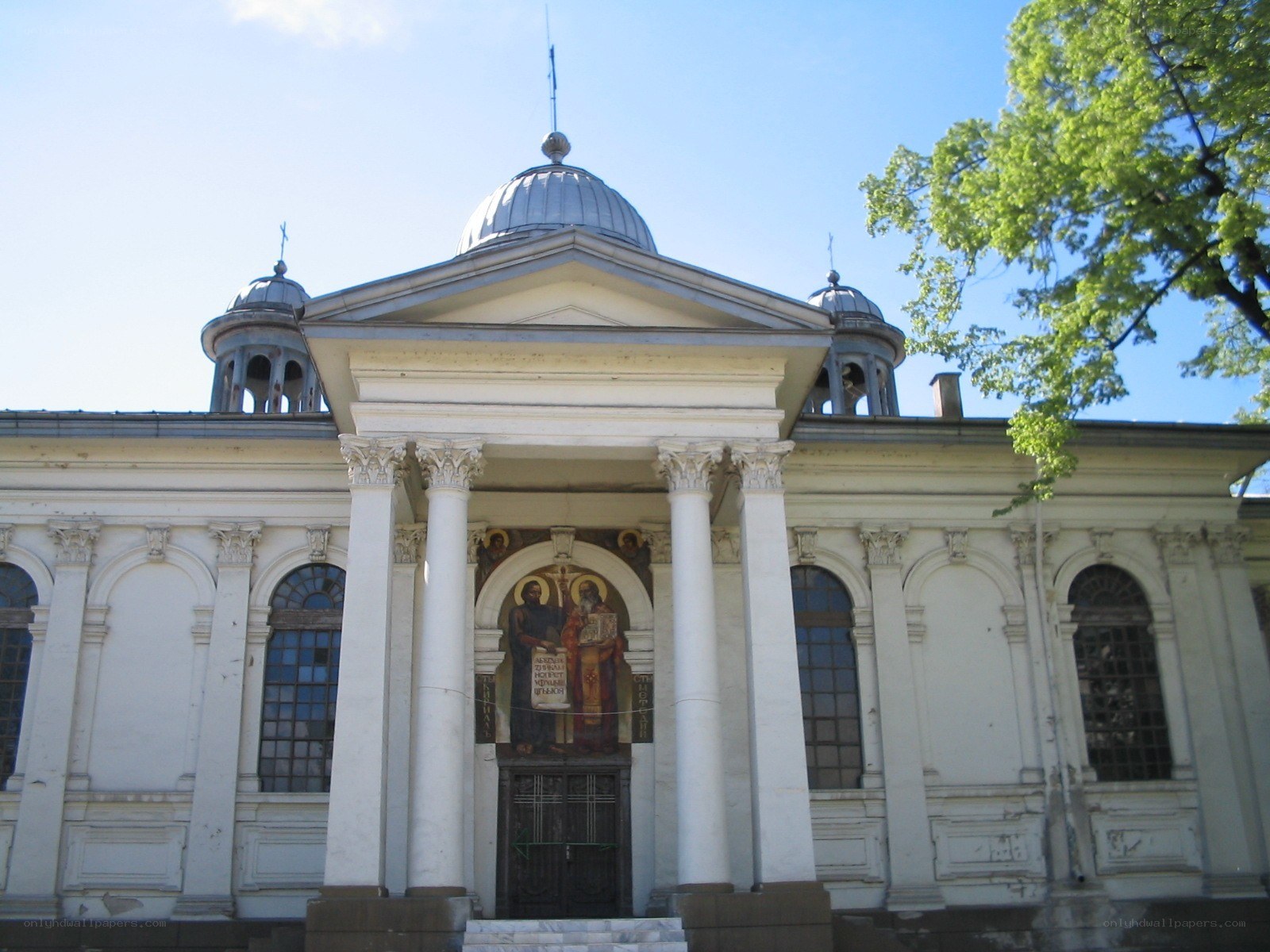 white church with domes
