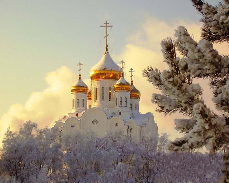 White Church with Golden Domes — Serene, Winter