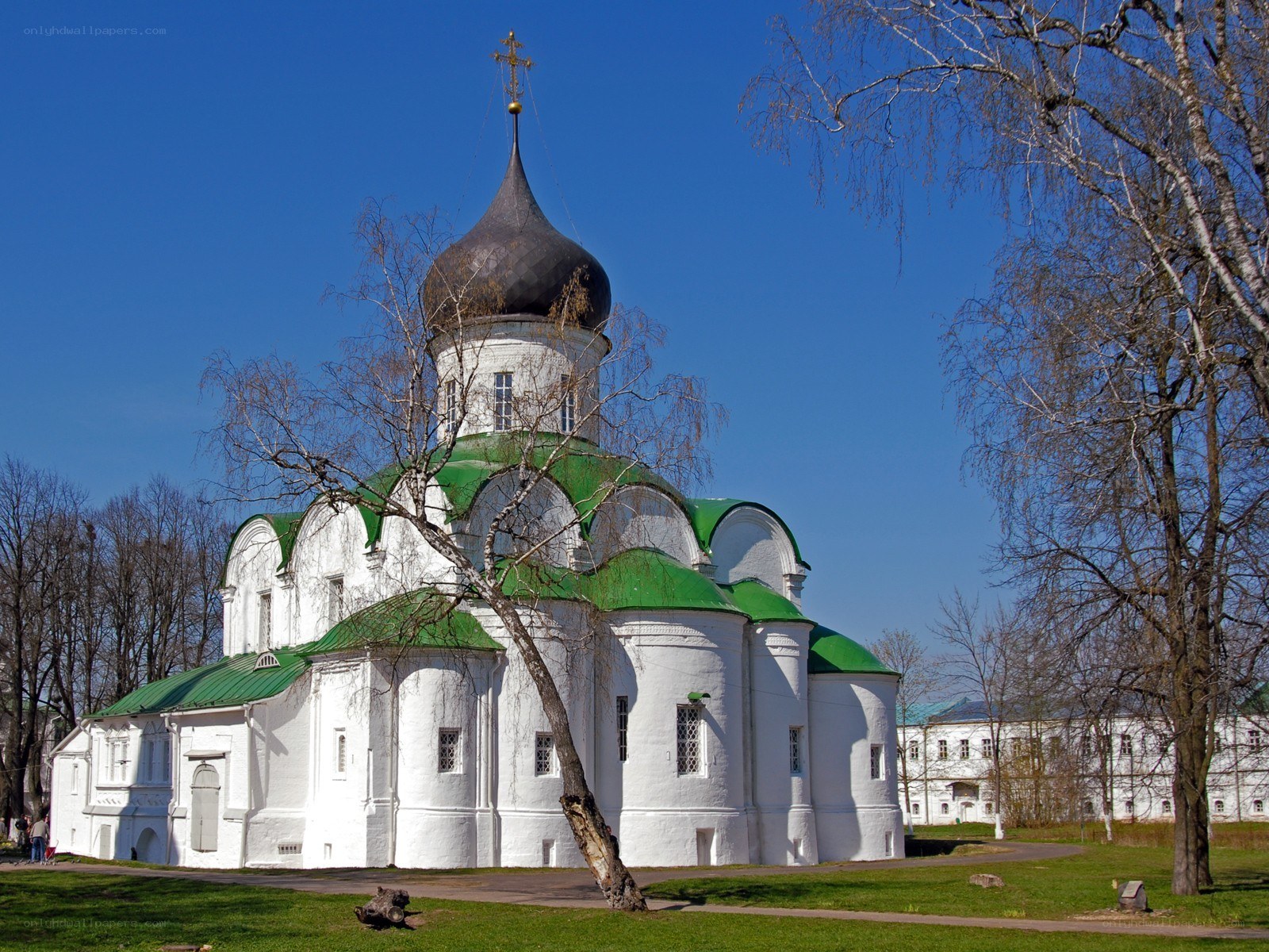 White church with green domes
