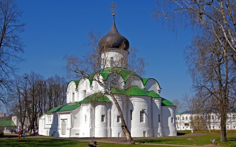 White church with green domes