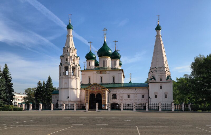 White Church with Green Domes — Serene, Afternoon
