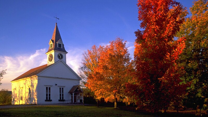 White Church with Steeple — Blue, Serene, Autumn, Photograph