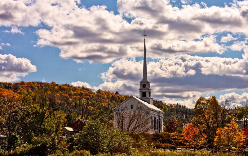 White Church with Steeple — Blue, Serene, Autumn