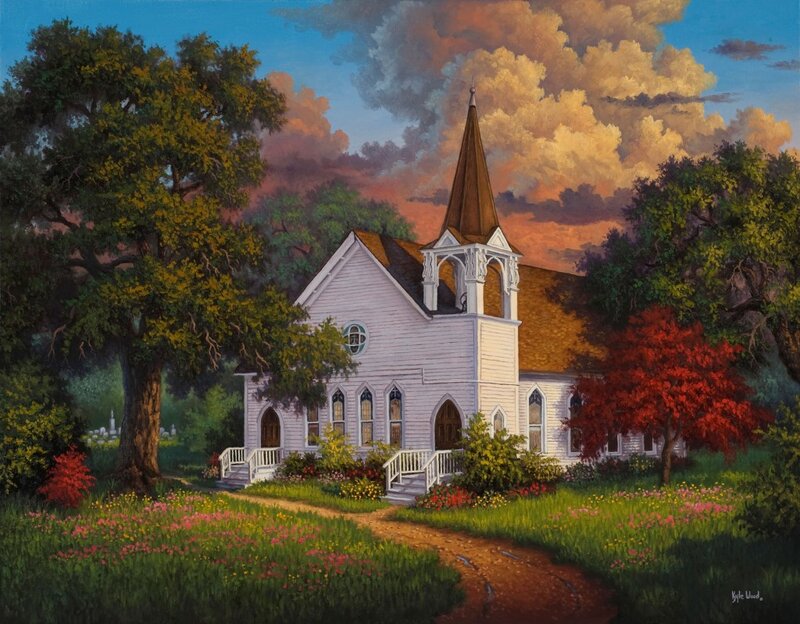 White Church with Steeple — Green, Serene, Sunset