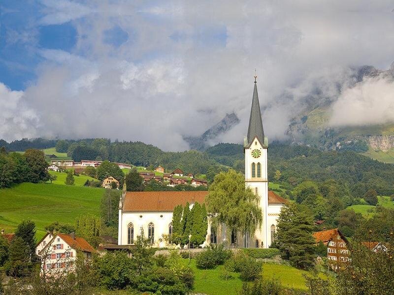 White Church with Steeple — Green, Serene