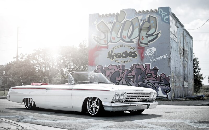 White Classic Car — Dramatic, Afternoon, Photograph, Graffiti Wall