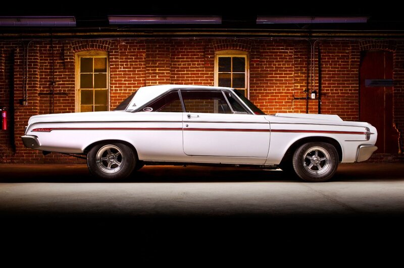 White Classic Car — Dramatic, Night, Photograph, Brick Wall