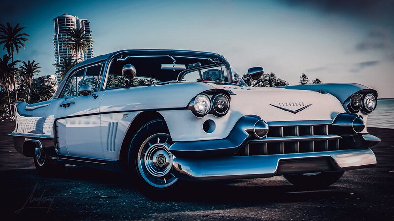 White Classic Car — Dramatic, Sunset, Digital Art