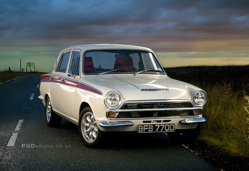 White Classic Car — Dramatic, Sunset, Photograph, Road