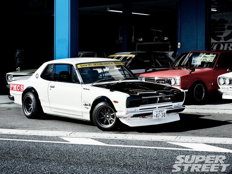 White classic car in garage