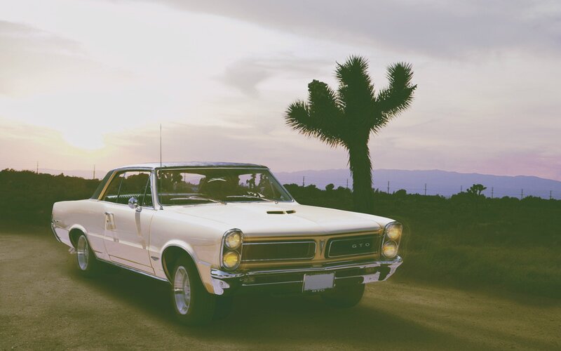 White Classic Car — Serene, Sunset, Photograph, Palm Tree