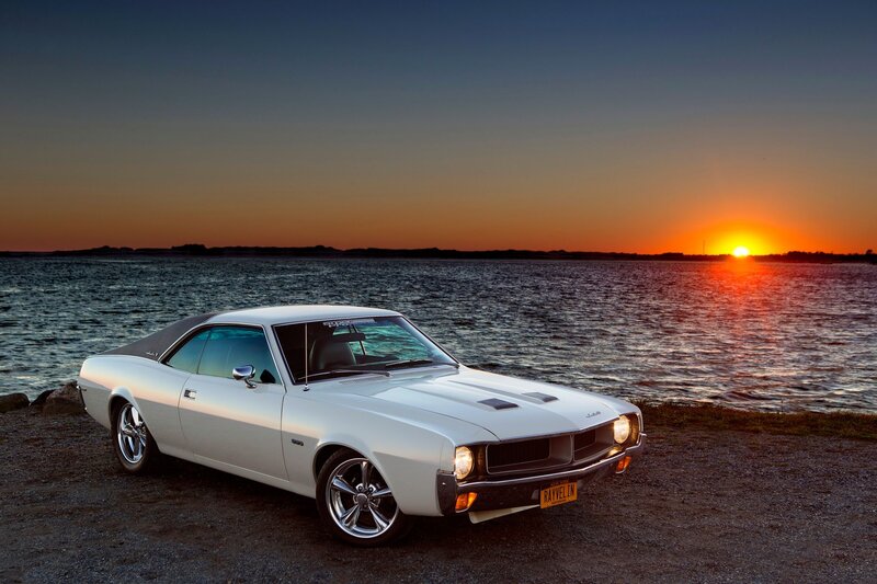 White Classic Car — Serene, Sunset, Photograph, Water