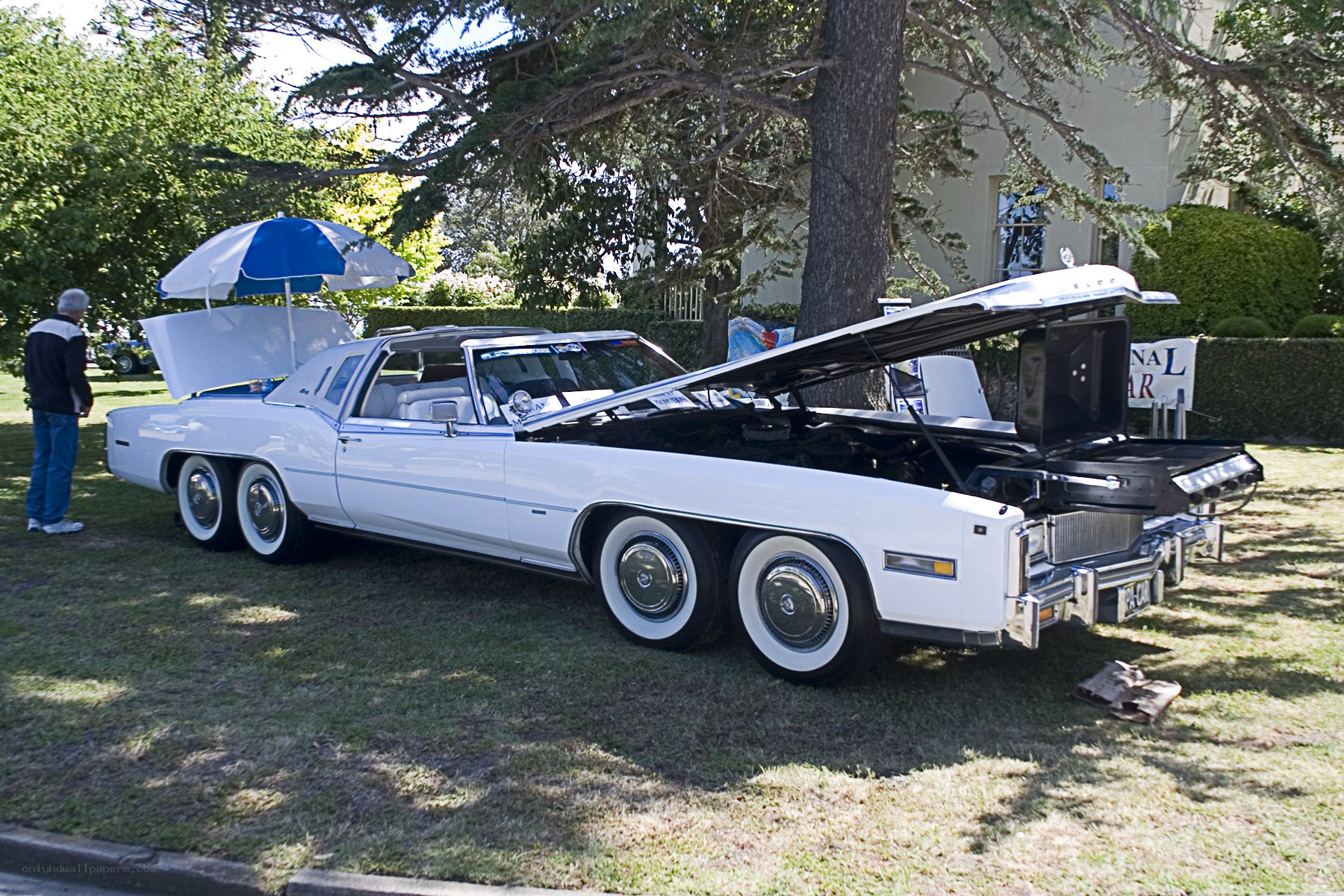 White classic car with open hood