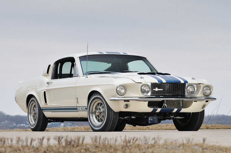 White Classic Muscle Car — Calm, Afternoon, Photograph, Blue Stripes