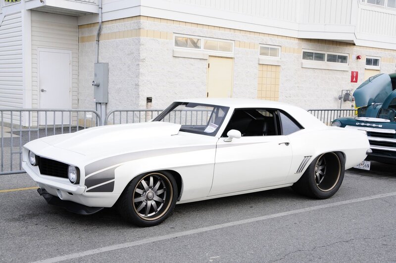 White Classic Muscle Car — Calm, Afternoon, Photograph, Building