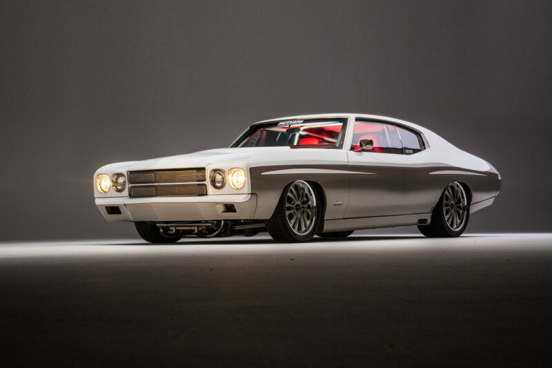 White Classic Muscle Car — Dramatic, Photograph, Red Interior