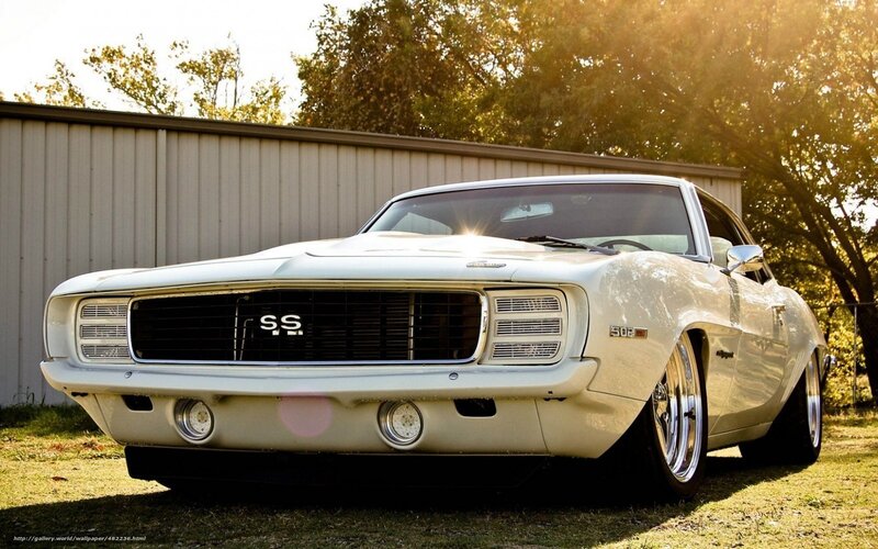 White Classic Muscle Car — Dramatic, Sunset, Photograph, Building
