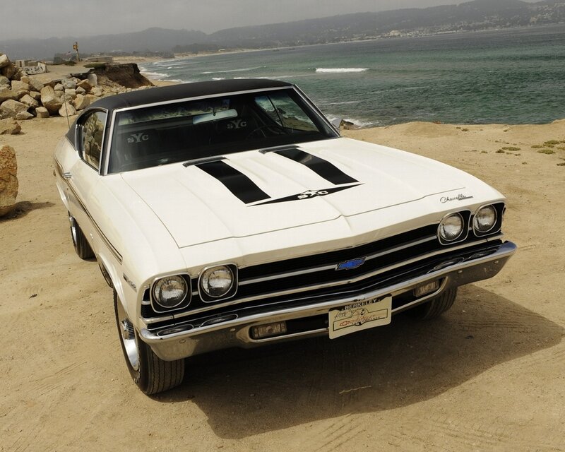 White classic muscle car on beach