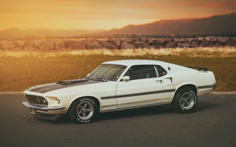 White Classic Muscle Car — Serene, Sunset, Photograph