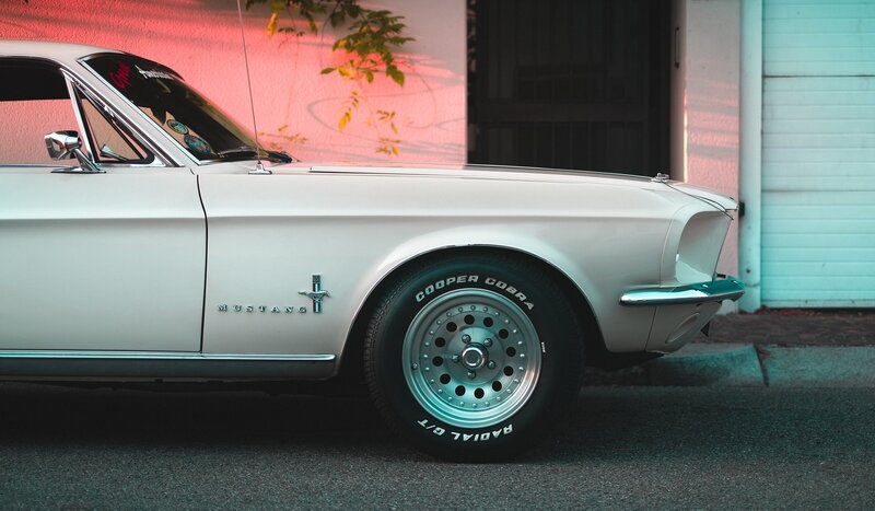 White Classic Mustang — Dramatic, Sunset