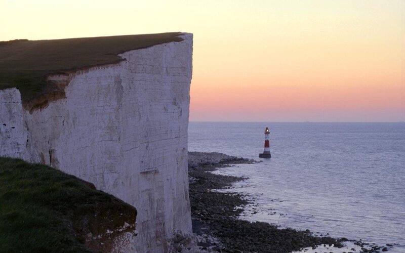 White Cliffs and Lighthouse — Serene, Sunset, Photograph, Sea, Sky
