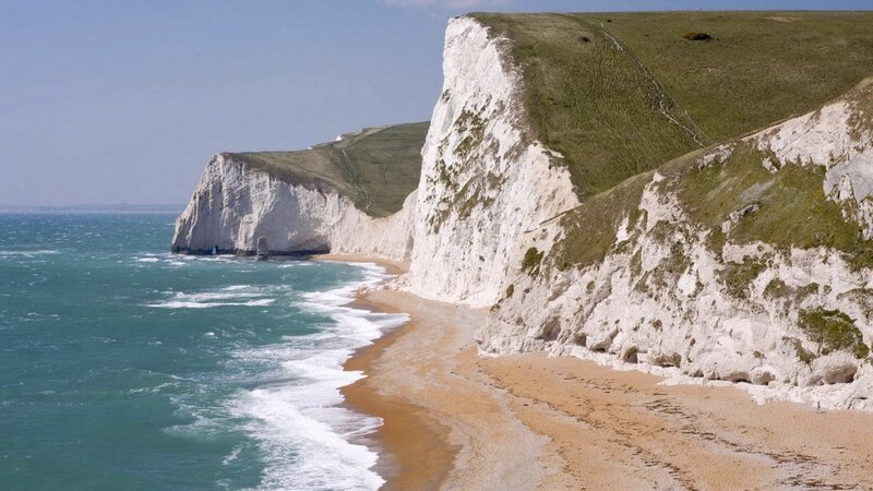 White Cliffs by Sea — Blue, Serene, Afternoon, Photograph, Beach, Ocean, Brown