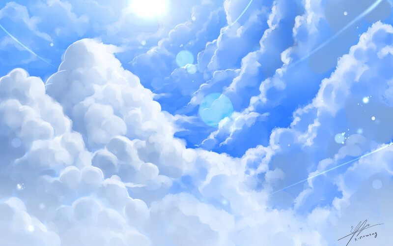 White Clouds in Blue Sky — Serene, Afternoon, Digital Art, Sun