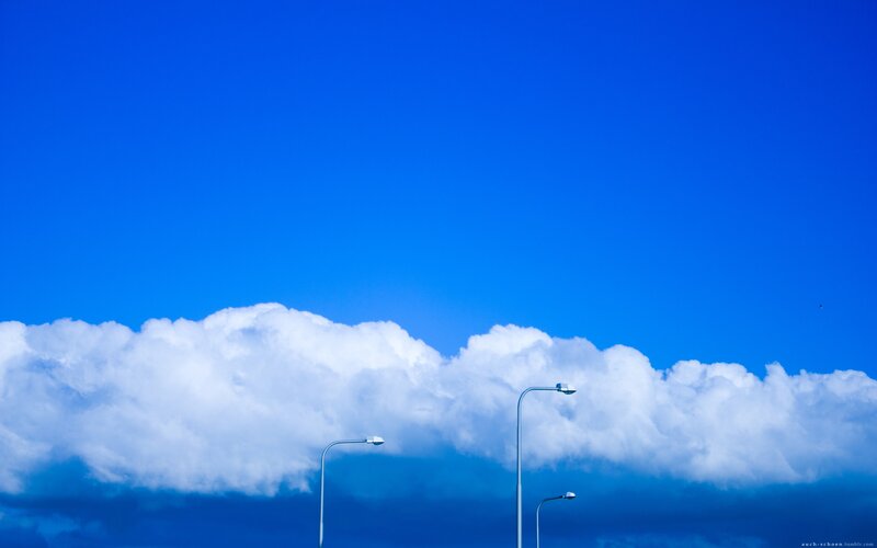 White Clouds in Blue Sky — Serene, Afternoon, Photograph, Streetlights