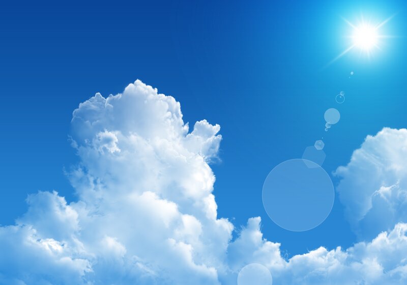 White Clouds in Blue Sky — Serene, Afternoon, Photograph, Sun, Lens Flare