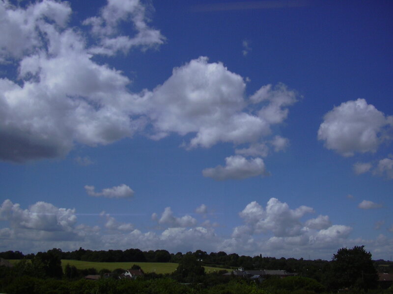 White Clouds in Blue Sky — Serene, Afternoon, Photograph, Trees, Fields