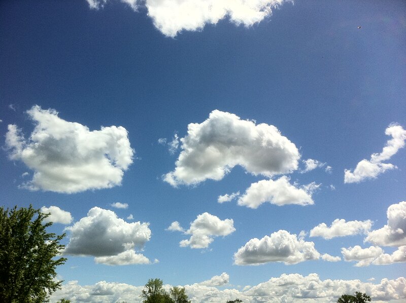 White Clouds in Blue Sky — Serene, Afternoon, Photograph, Trees