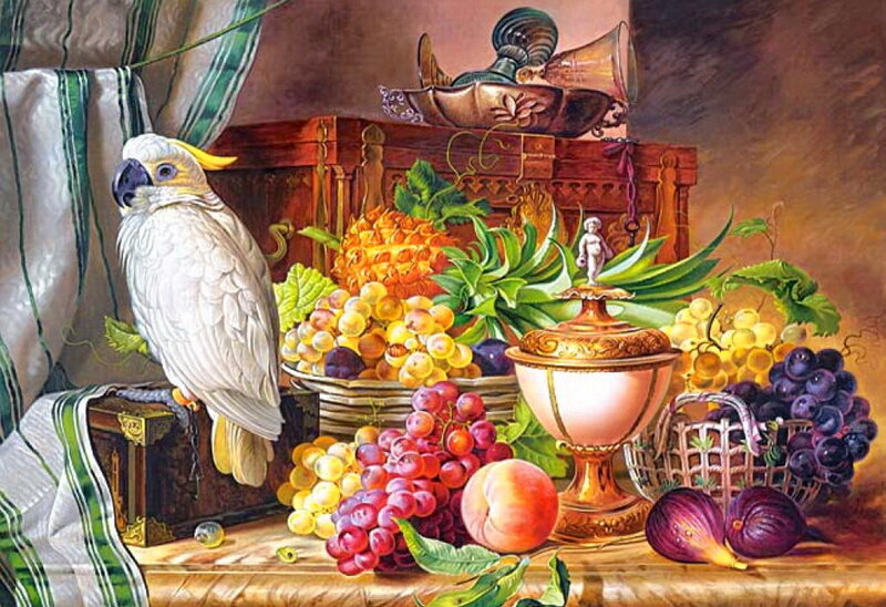 White Cockatoo with Fruit — Brown, Dramatic