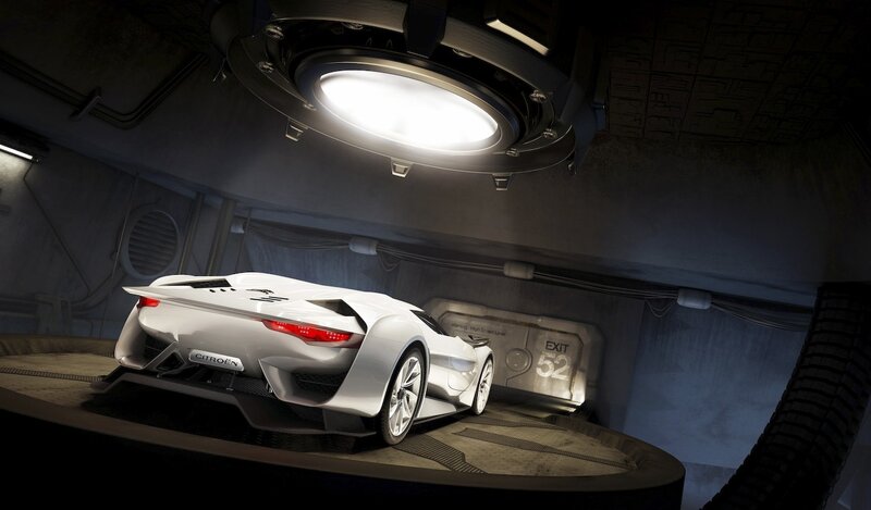 White concept car in a futuristic garage