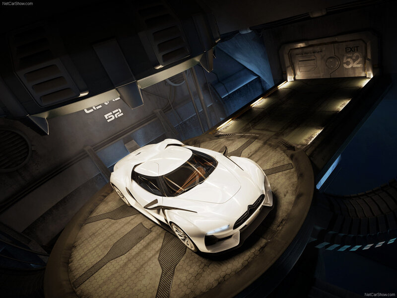 White concept car in futuristic garage